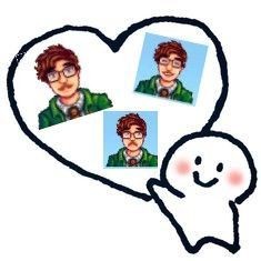an MS Paint drawing of a person holding a heart filled with images of harvey stardew valley