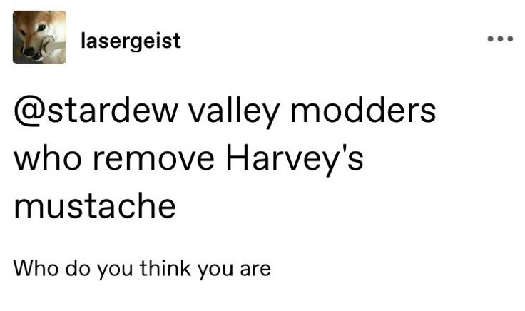 a tumblr post by lasergeist reading at stardew valley modders who remove harvey's moustache who do you think you are