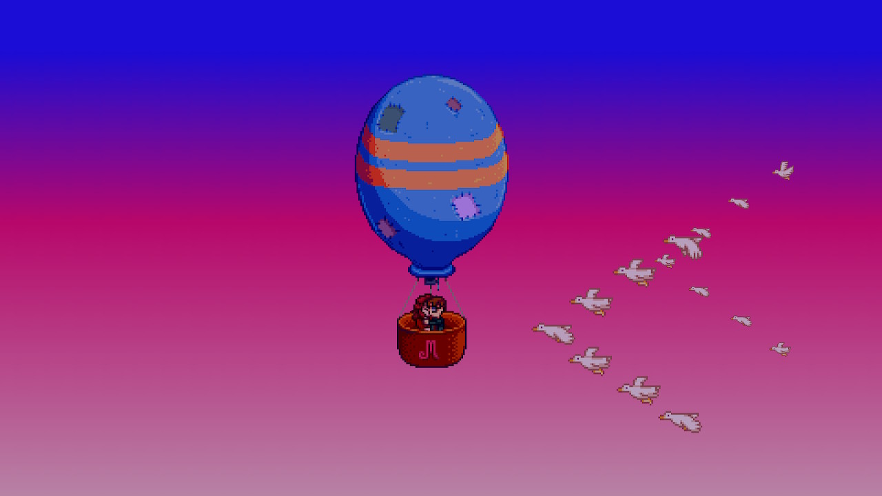 screenshot from stardew valley, during Harvey's 10 heart scene my famrer and Harvey embracing in the hot air balloon