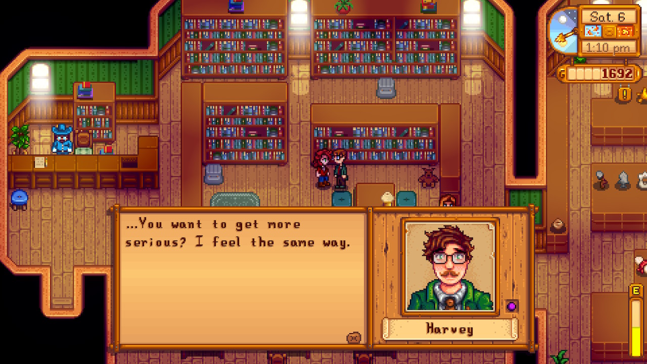 screenshot from stardew valley, my farmer offering the bouquet to Harvey in the library, with dialogue from Harvey reading: You want to get more serious? I feel the same way