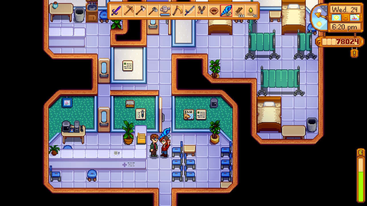 screenshot from stardew valley, harvey and my farmer in the clinic, my farmer holding the mermaid's pendant