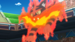 a screencap of a scene from the anime where torracat uses fire fang