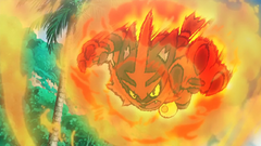 a screencap of a scene from the anime where torracat uses flame charge