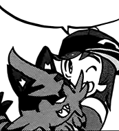 Torracat cuddling its trainer from the manga