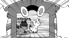 a scene from the manga where the rotom dex examines torracat as it attacks a mimikyu