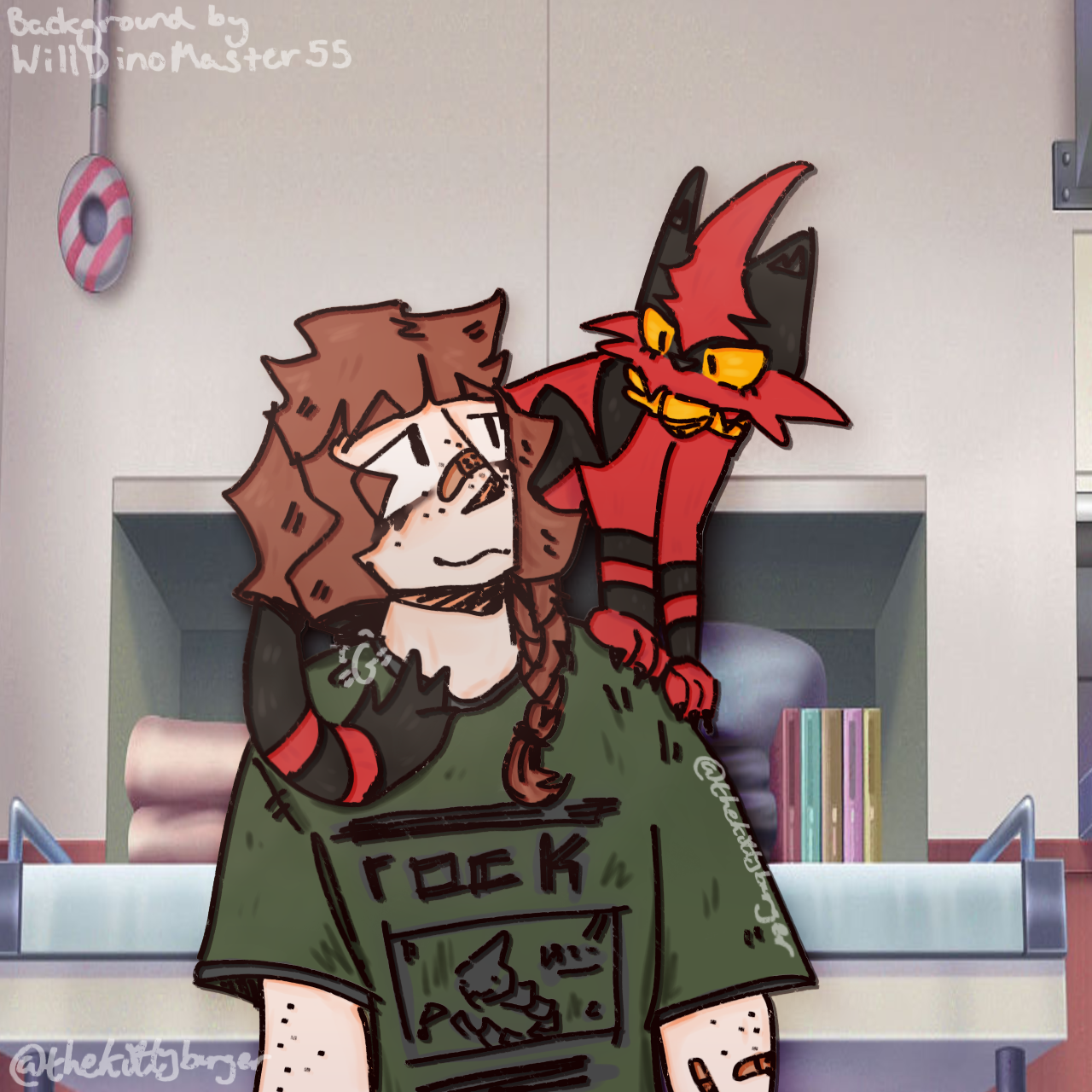 a digital drawing of a my trainersona with my torracat on my shoulder done by me